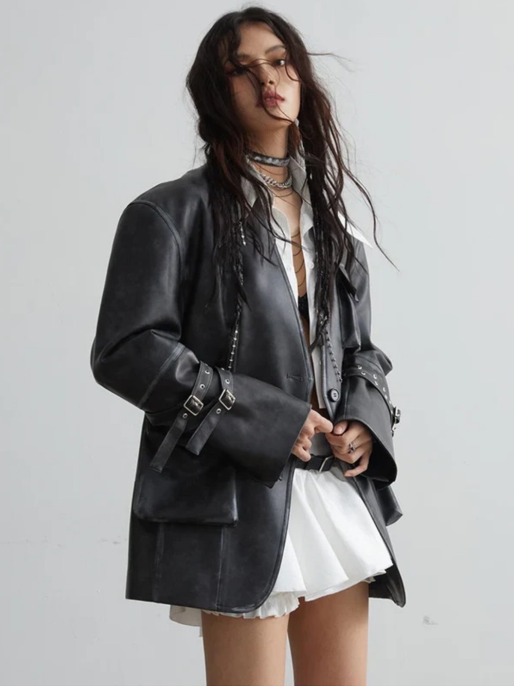 Minimalist Black Faux Leather Buckle-Detail Jacket for Women sz S